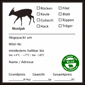 Rechteckiger Muntjak Wildbret Aufkleber mit schwarzem Rahmen zur Kennzeichnung von vakuumiertem Wildfleisch mit Ankreuzfeldern für Teilstücke sowie Feldern für Abpackdatum, Wildnummer, Haltbarkeit, Gewicht, Grundpreis und Gesamtpreis.
