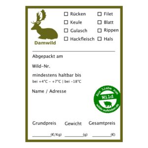 Damwild Wildbret Etikett mit Ankreuzfeldern für Teilstücke sowie Feldern für Abpackdatum, Wildnummer, Haltbarkeit, Name, Adresse, Grundpreis, Gewicht und Gesamtpreis im quadratischen Shop Format.
