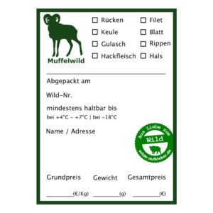 Muffelwild Wildbret Etikett mit Ankreuzfeldern für Rücken, Keule, Gulasch, Hackfleisch, Filet, Blatt, Rippen und Hals sowie Feldern für Abpackdatum, Wildnummer, Haltbarkeit, Name, Adresse, Grundpreis, Gewicht und Gesamtpreis.