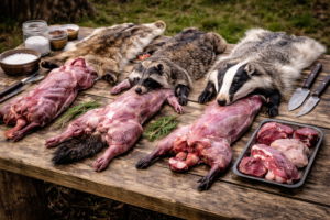 Waschbär, Nutria und Dachs beim Abbalgen auf einem Holztisch mit Werkzeugen und Teilstücken während eines Niederwildkurses