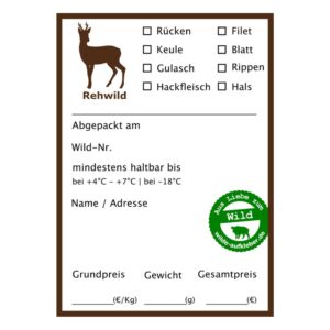 Rehwild Wildbret Etikett mit Ankreuzfeldern für Teilstücke sowie Feldern für Abpackdatum, Wildnummer, Haltbarkeit, Name, Adresse, Grundpreis, Gewicht und Gesamtpreis im quadratischen Shop Format.
