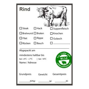 Rindfleisch Etikett mit Ankreuzfeldern für Steak, Hack, Suppenfleisch, Bratwurst, Braten, Knochen, Filet, Rippe, Gulasch, Rücken und Bauch sowie Feldern für Abpackdatum, Haltbarkeit, Name, Adresse, Grundpreis, Gewicht und Gesamtpreis.