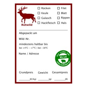 Rotwild Wildbret Etikett mit Ankreuzfeldern für Teilstücke sowie Feldern für Abpackdatum, Wildnummer, Haltbarkeit, Name, Adresse, Grundpreis, Gewicht und Gesamtpreis im quadratischen Shop Format.