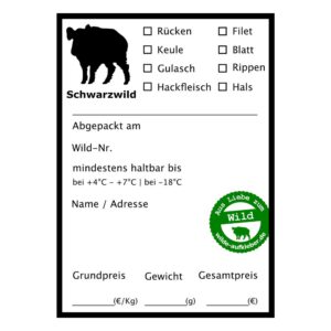 Schwarzwild Vakuumetikett mit Ankreuzfeldern für Teilstücke sowie Feldern für Abpackdatum, Wildnummer, Haltbarkeit, Name, Adresse, Grundpreis, Gewicht und Gesamtpreis im quadratischen 1000 × 1000 Format.