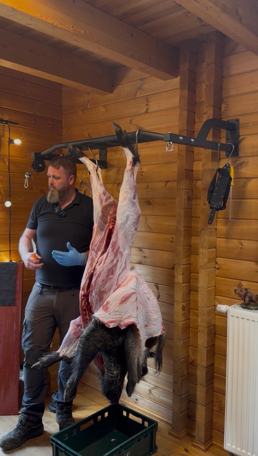 Wildschwein aufgebrochen und hängend beim Zerwirken im Holzraum Natürlich Grünewald