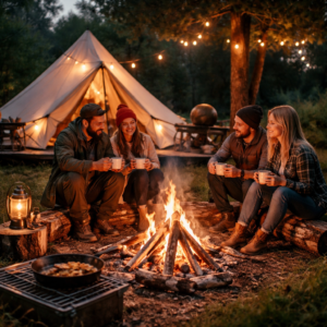 Outdoor Erlebnis Zerwirkkurs Lagerfeuer Übernachtung mit Zelt und Camper in gemütlicher Abendatmosphäre
