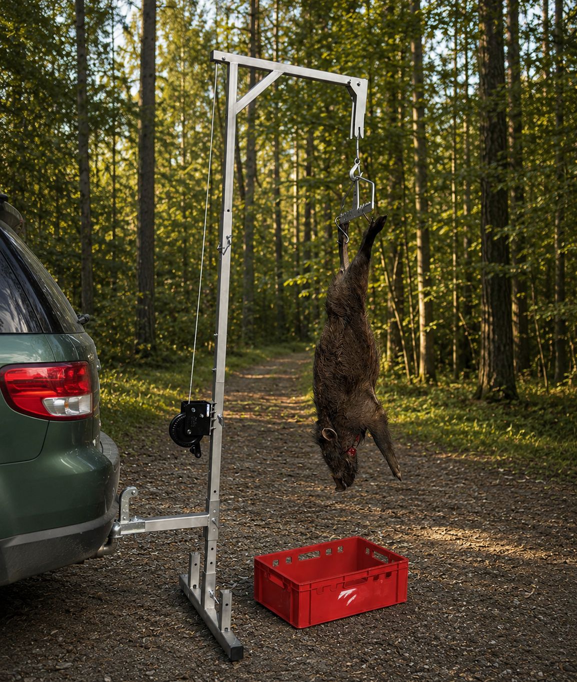 Drehbarer WAIDSTEEL Wildgalgen aus Edelstahl am Fahrzeug montiert mit aufgehängtem Schwarzwild im Wald