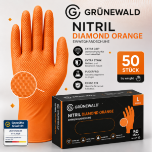 Grünewald Nitril Diamond Orange Einweghandschuhe mit Diamantstruktur für maximalen Grip. Orange Nitrilhandschuhe, puderfrei, extra stark und EN ISO 374 geprüft. Verpackung mit 50 Stück.