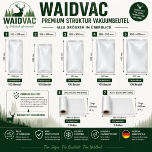 WaidVac Premium Struktur Vakuumbeutel und Vakuumrollen in verschiedenen Größen für Wildbret, Fleisch, Fisch und Sous-Vide Anwendungen, hergestellt in Deutschland