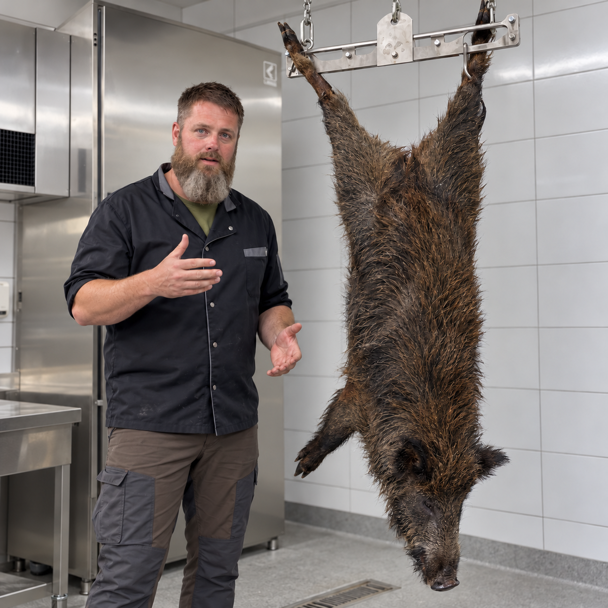 KI-Darstellung von Dominik Grünewald neben einem am Wildgalgen hängenden Wildschwein in einer Wildkammer.
